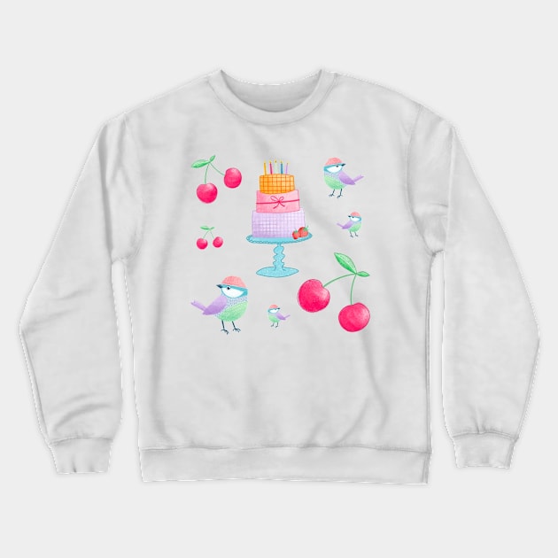 Cherry, birds and birthday cake Crewneck Sweatshirt by ColorsHappiness